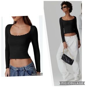 NEW QINSEN SEXY LACE TRIM SCOOP NECK SOFT RIBBED SLIM FIT LS TEE BLACK